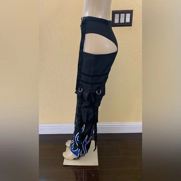 NAMILIA Size XS Black With Blue Flame Cut Out Moto Chaps Pants - Picture 4 of 7